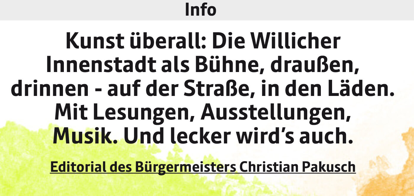 Infotext zu WILLICHER KULTURSAMSTAG 13. August 2022 14-23 Uhr im Willicher Zentrum